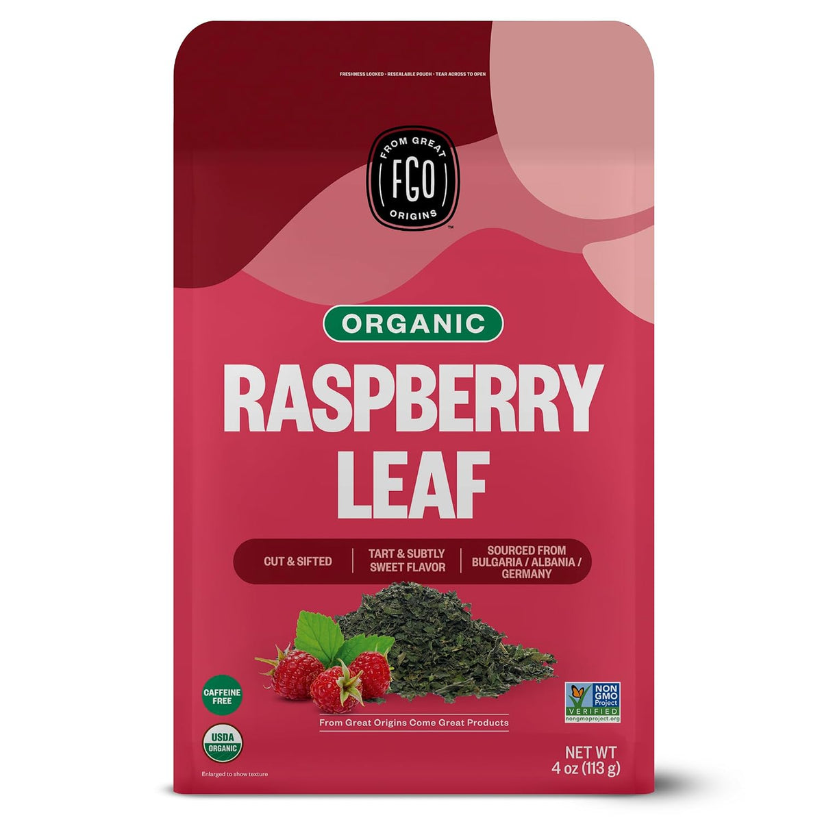 FGO Organic Red Raspberry Loose Leaf Herbal Tea, Cut and Sifted, Caffeine Free, Resealable Bag, 4oz (Pack of 1)