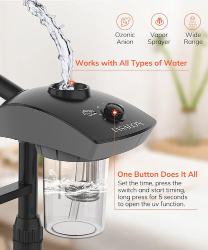 TASALON Professional Ionic Facial Steamer, 2-in-1 Face Steamer for Facial with 5X Magnifying Foldable Arm, Mist Face Steamer Salon Spa Beauty Skin Care Equipment, Aroma Therapy Nozzle Included- Blcak