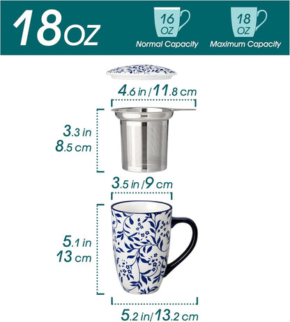 vancasso SELENE Porcelain Tea Mug, 18 oz Porcelain Tea Cup with Infuser and Lid Steeps Loose Leaf Tea, Microwave & Dishwasher Safe, Blossom Cluster