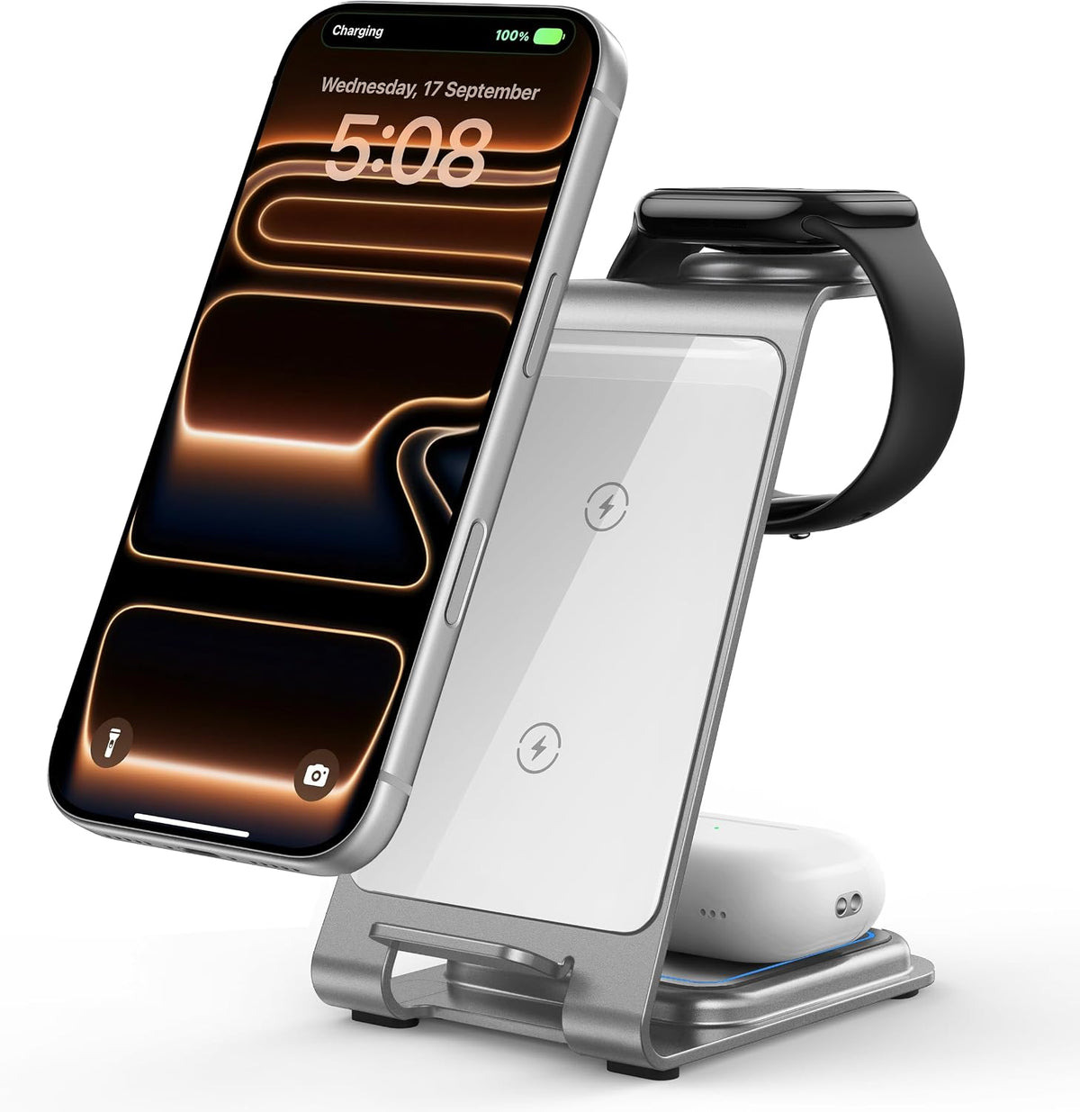 Intoval Aluminum 3 in 1 Wireless Charging Station for iPhone 17 16 15 14 13 12 11 Pro Max XR, Wireless Charger for Apple Watch 11 10 9 8 7 Ultra SE 3 2, Phone Charger for AirPods 4 Pro 2 3 (Grey)