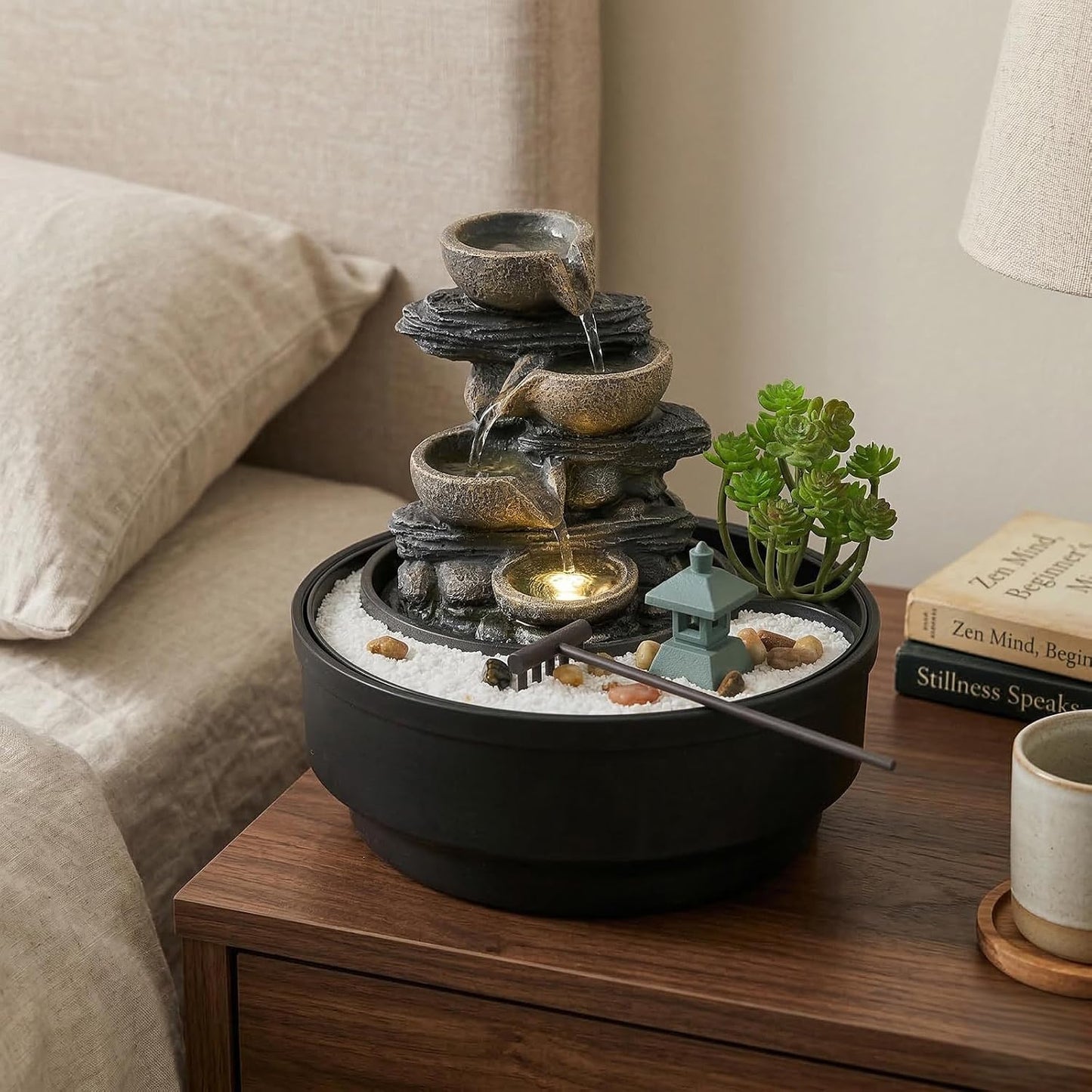Sunlinua Natural Rocks Tabletop Water Fountain Indoor Water Fountains with 4-Tier Soothing Sound Desktop Waterfall with DIY Decoration for Meditation Desk Home Office Decor(Indoor Electrical Plug)
