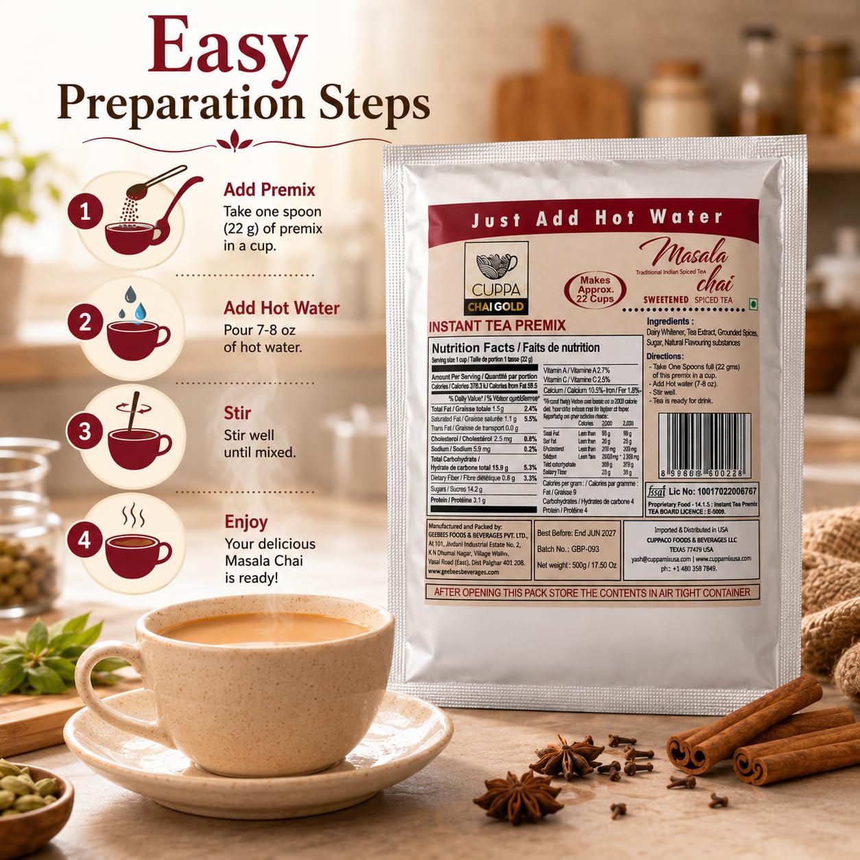 Chai Gold Instant Chai Tea Premix Powder - Sweetened Milk Tea Latte Mix for Home and Beverage Dispensers - [500g / 1.1 lb Bulk Bag] (Kadak)