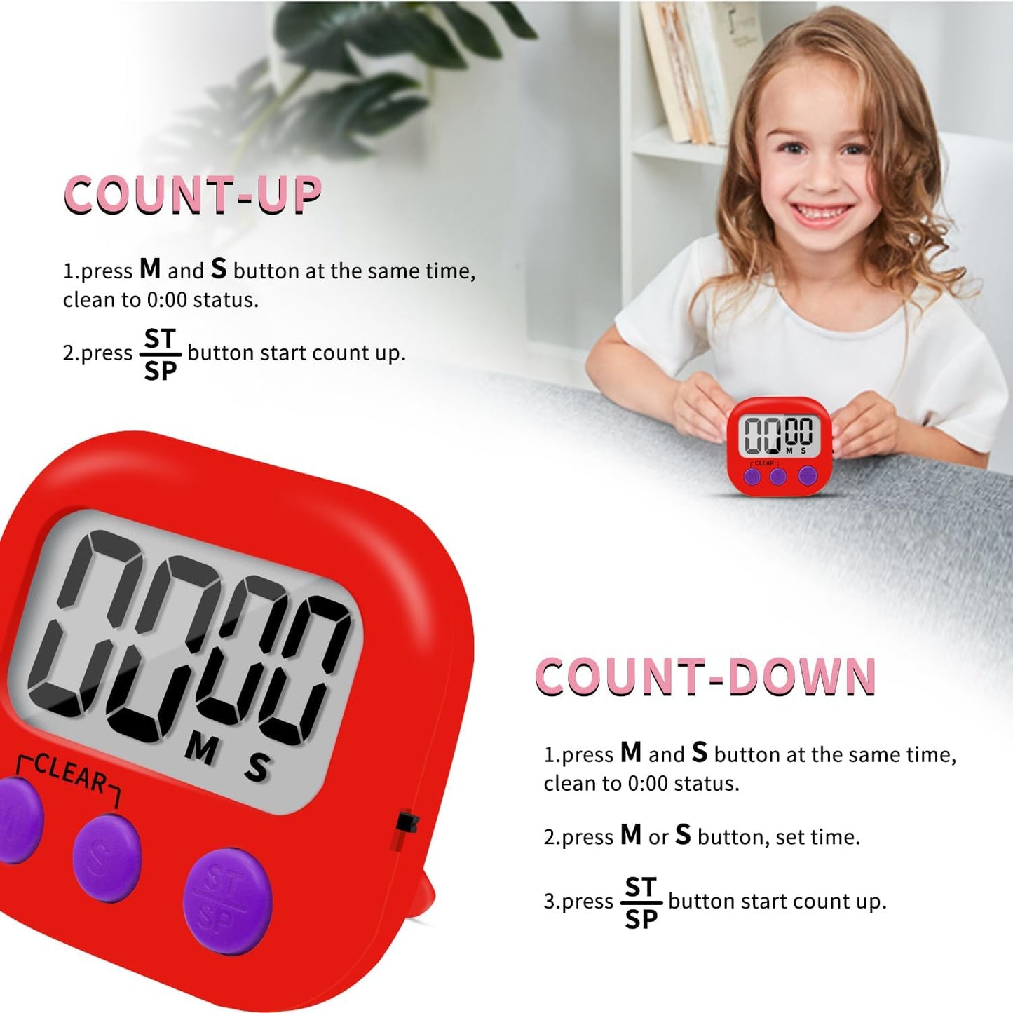 6 Pack Small Digital Kitchen Timer Magnetic Back and ON/Off Switch,Minute Second Count Up Countdown (Multicolored)