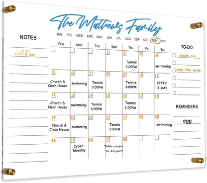 Black Acrylic Calendar Dry Erase for Wall, Family Planner, Monthly Calendar Dry Erase Whiteboard for Home, Office, 17" x 13"Reusable White Board(Acrylic-BK-3343)