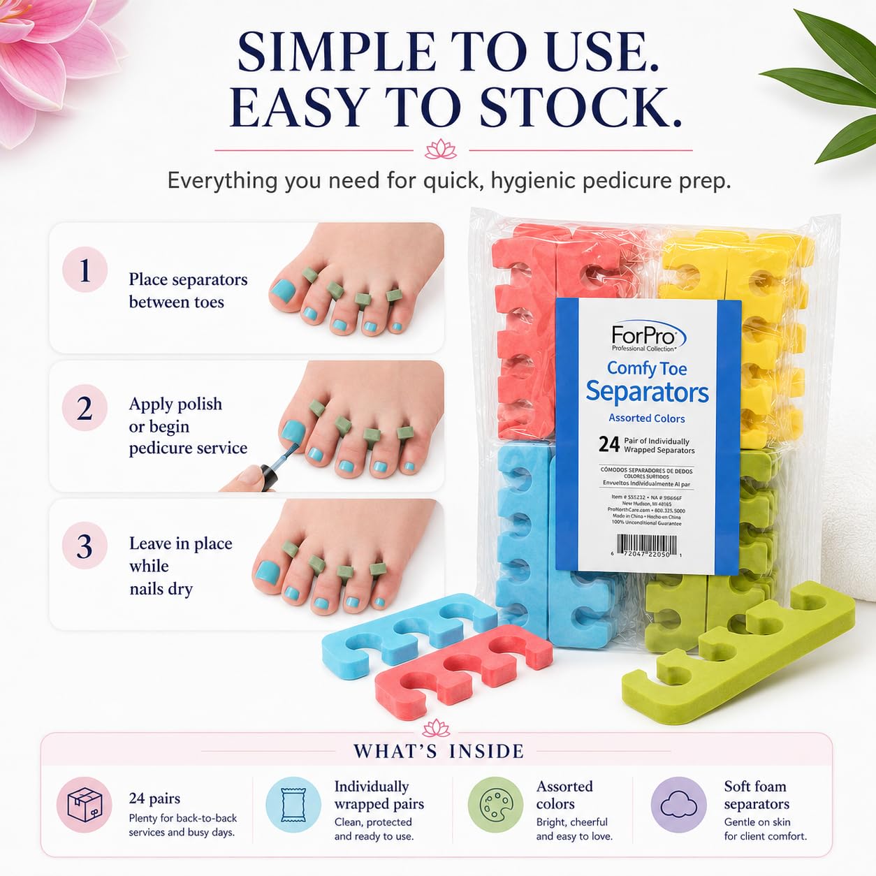 ForPro Professional Collection Comfy Toe Separators, White, Pedicure, 1" W x 3.5" L, 100-Pairs