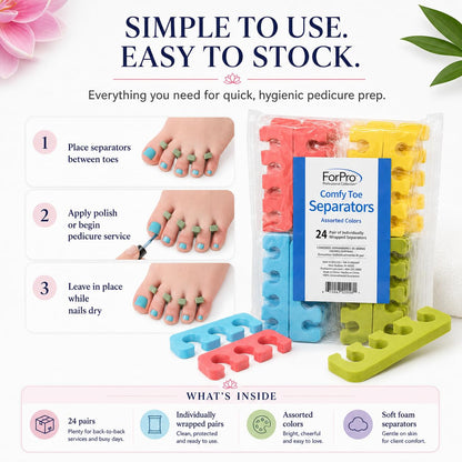 ForPro Professional Collection Comfy Toe Separators, White, Pedicure, 1" W x 3.5" L, 100-Pairs