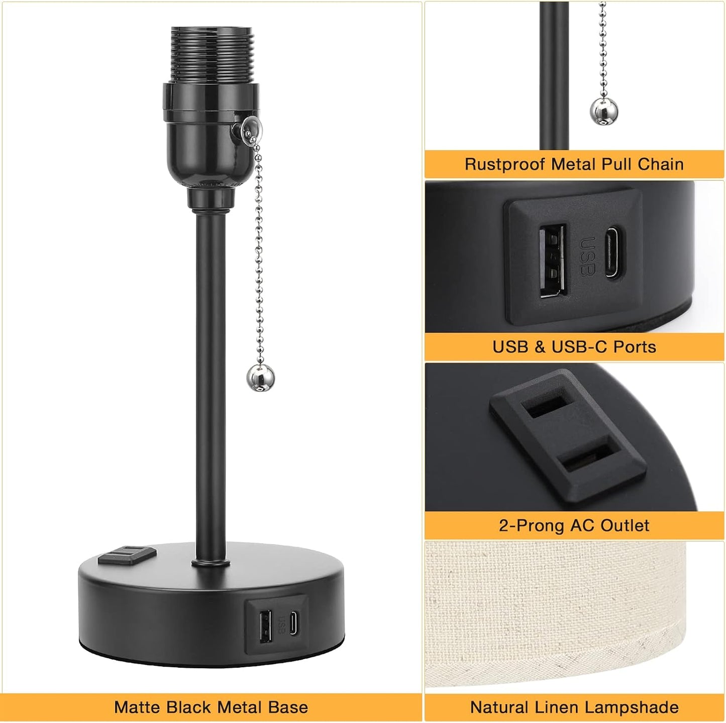 Small Bedside Table lamp for Bedroom - 3 Color Temperatures Bedside Lamps with USB C and A Ports, Pull Chain Table Lamps with AC Outlet, White Nightstand Lamps with Black Metal Base for Kids Reading