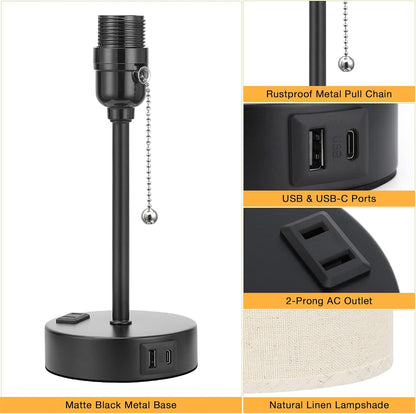 Small Bedside Table lamp for Bedroom - 3 Color Temperatures Bedside Lamps with USB C and A Ports, Pull Chain Table Lamps with AC Outlet, White Nightstand Lamps with Black Metal Base for Kids Reading