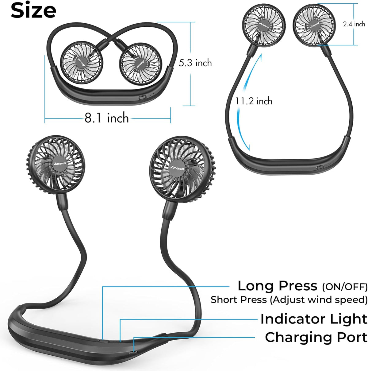 AMACOOL Portable Neck Fan, Lightweight Wearable with Hands-Free Comfort