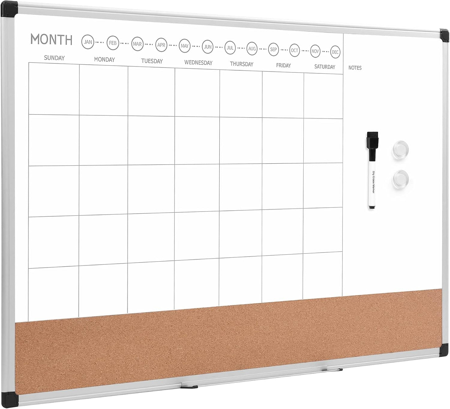 Amazon Basics 24" x 36" Monthly Whiteboard Calendar with Cork Board, Dry Erase Magnetic Whiteboard for Daily Planning, Wall Mounted, Silver Aluminum Frame