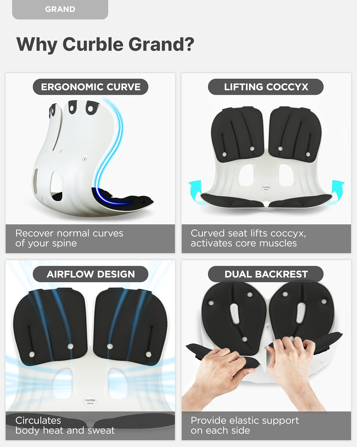 curble Grand– Extra Wide Ergonomic Seat Support, Sit Straighter Without Effort, Passive Posture Trainer for Office, Home & Car (Grey)