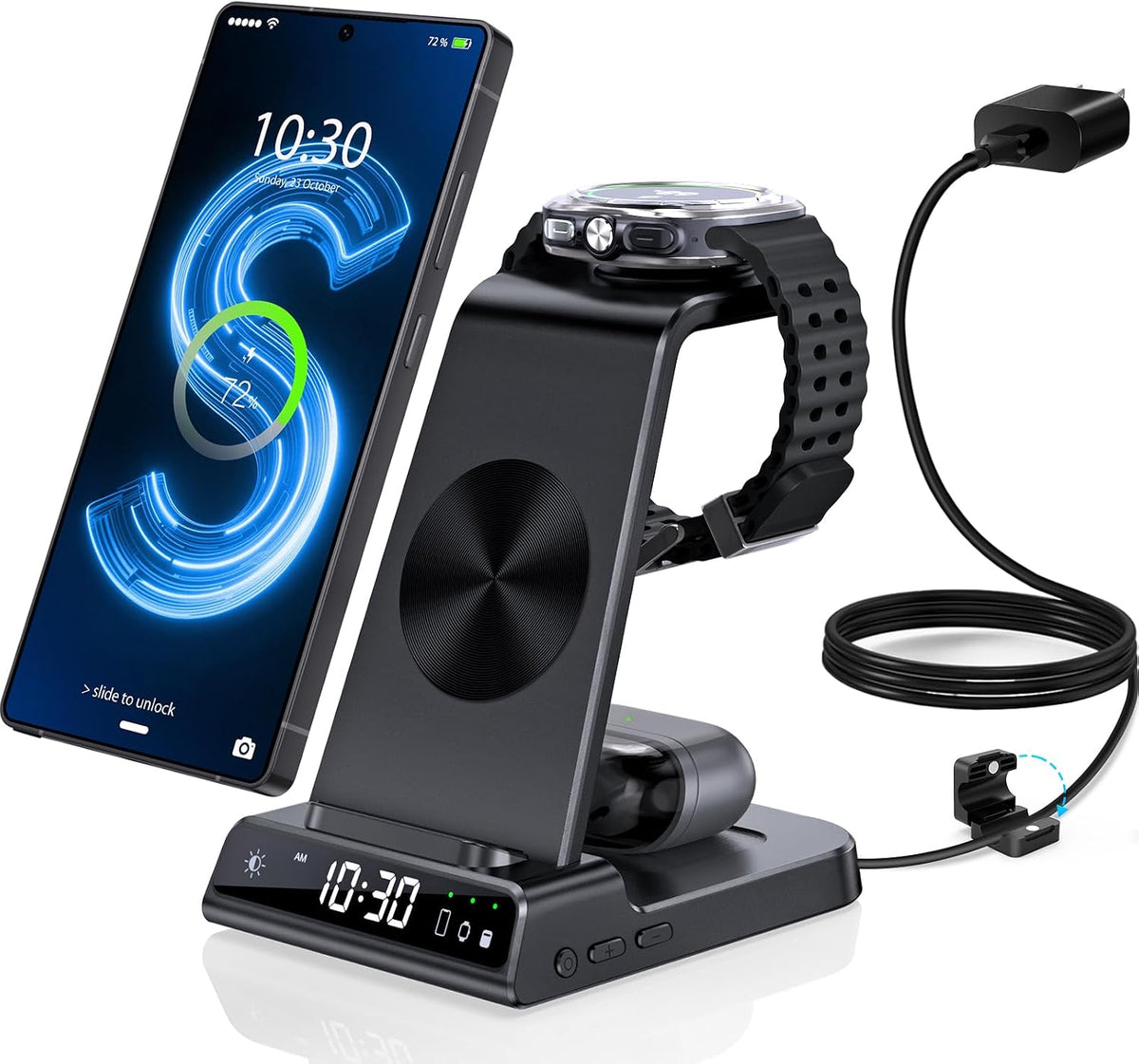 Wireless Charger for Samsung S25 with Clock 3 in 1 Android Charging Station