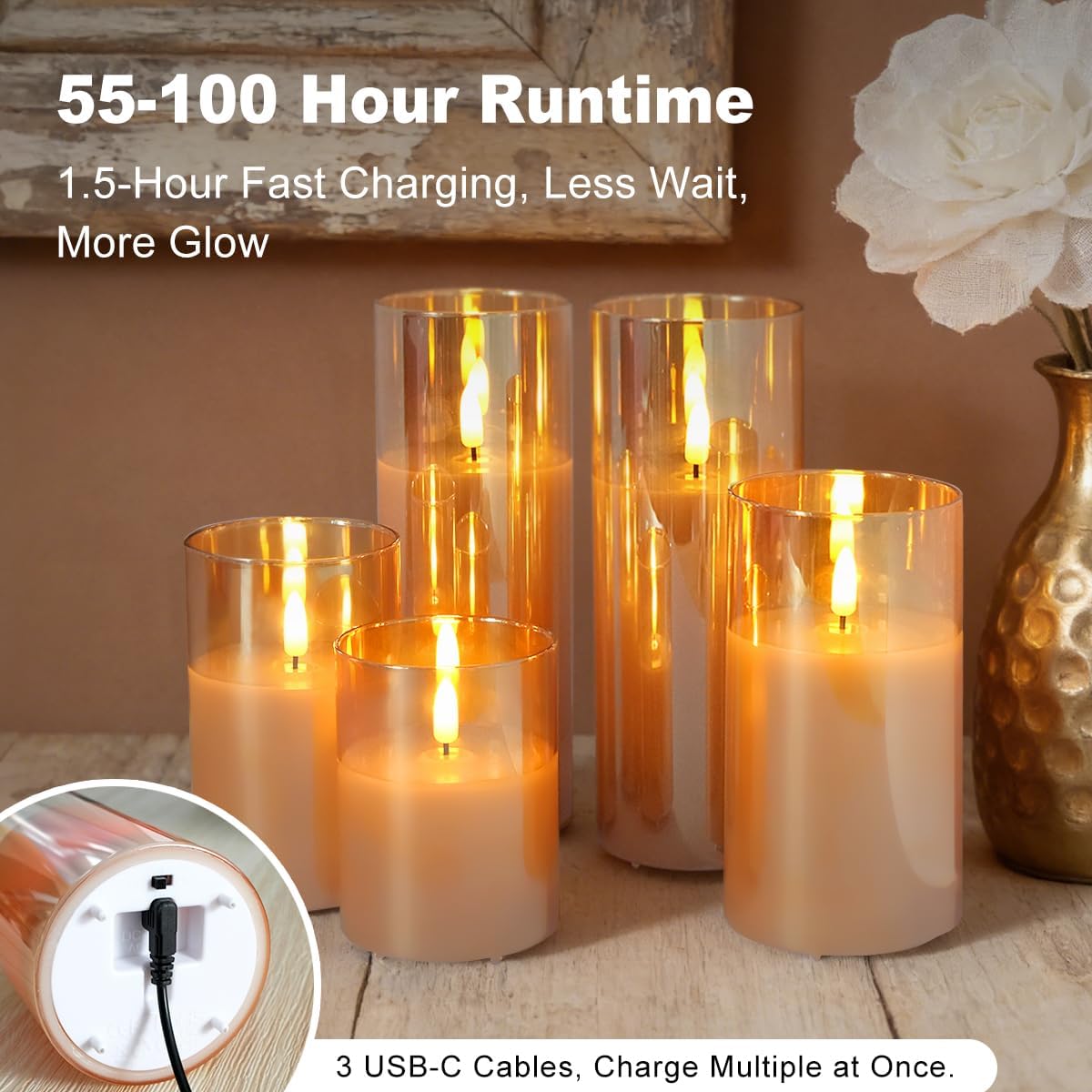 LEDHOLYT Rechargeable Flameless Glass Pillar Candles–Gifts for Women,–Set of 3, Realistic Flickering LED Flame,Remote & Timer, Ideal for Living Room, Bedroom & Halloween Festival Home Party Decor