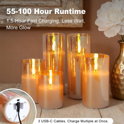 LEDHOLYT Rechargeable Flameless Glass Pillar Candles–Gifts for Women,–Set of 3, Realistic Flickering LED Flame,Remote & Timer, Ideal for Living Room, Bedroom & Halloween Festival Home Party Decor