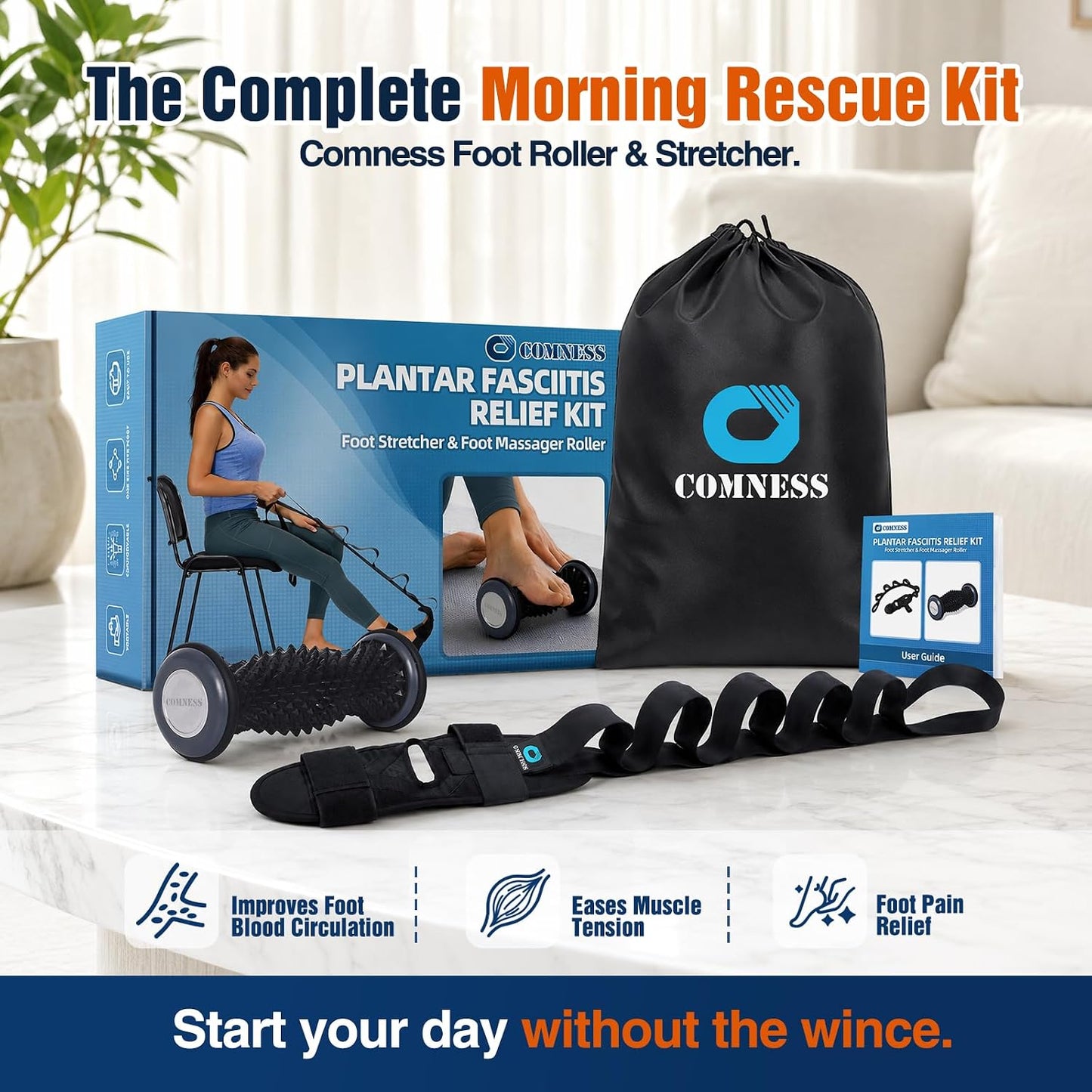 comness Plantar Fasciitis Relief Kit – Foot Stretcher and Foot Massager Roller, Stretch and Roll Routine for Heel Pain,Arch Pain, Simple At-Home Daily Foot Care