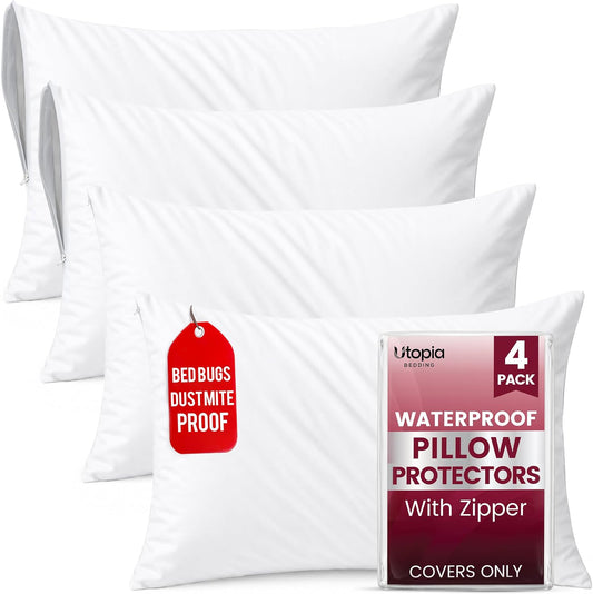 Set of 4 Pillow Protectors with Zipper Queen Size, Pillow Covers
