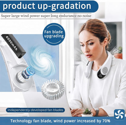 ASNUG Neck Fan, USB Rechargeable Personal Fan, 4000 mAh Battery Operated, 3 Speeds Adjustable, Faster Cooling, Ultra Quiet, Suitable for Home, Office, Travel, Sports
