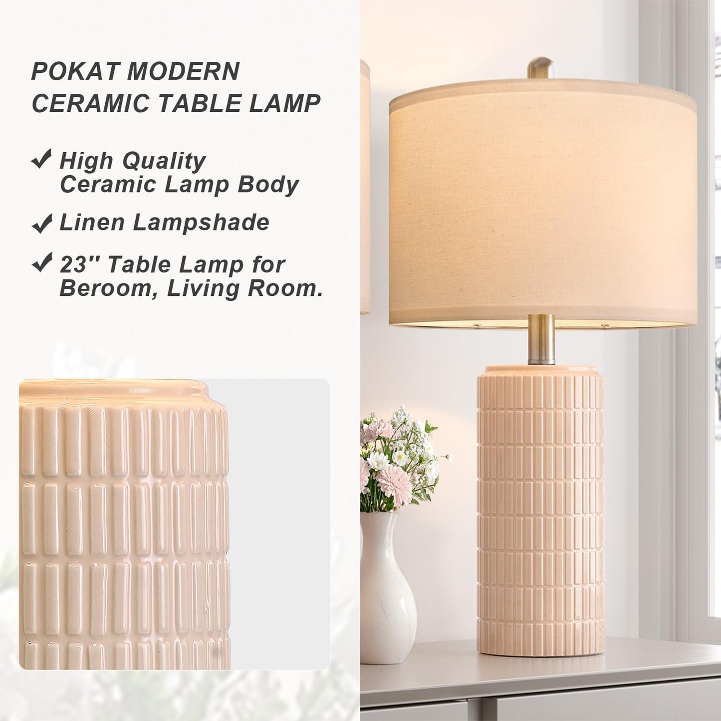 PoKat 23" Modern Ceramic Table Lamp Set of 2 for Living Room White Desk Lamps for Bedroom Farmhouse Bedside Nightstand Lamp House Warming Gifts New Home Decor End Table Lamps Gifts for Women Mom Beige