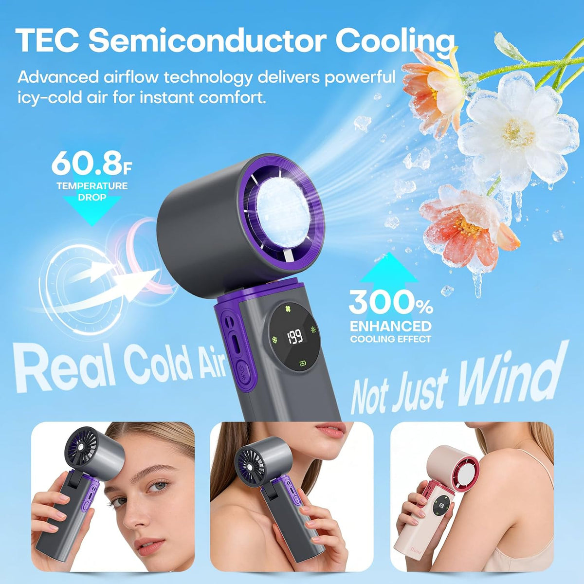 6000mAh Portable Handheld Fan with Ice Cooling, 199 Levels Stepless Speed, 20H Long Battery Life, 20000RPM Turbo Fan Rechargeable Personal Mini Fan for Travel, Outdoor, Makeup
