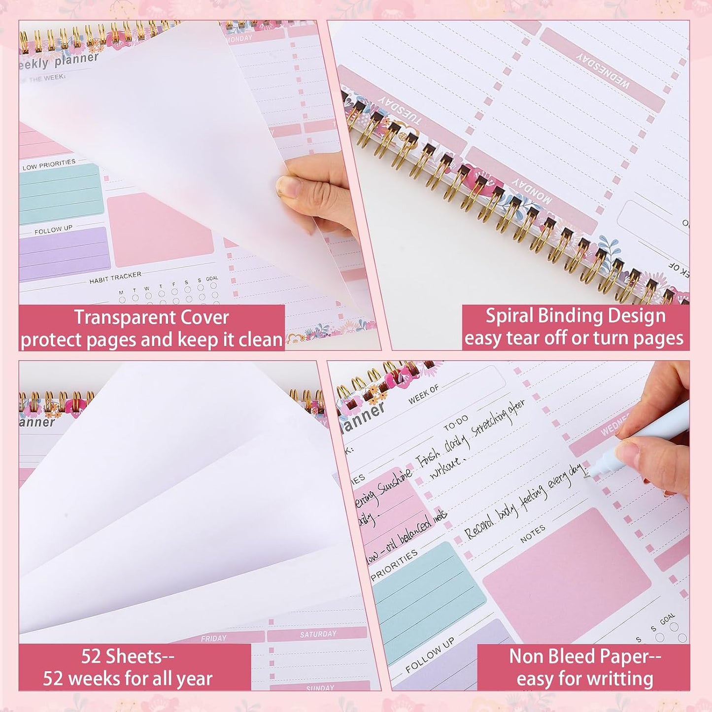 Weekly To Do List Notepad, 8.5''x11'' Weekly Desk Planner with 52 Tear Off Sheets Undated Weekly Planner Habit Tracker & Productivity Organizer for Home and Work, Pink