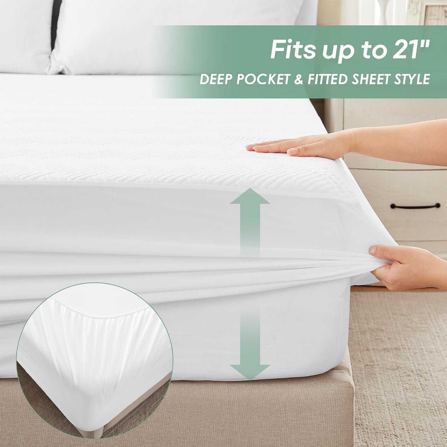 Cozymaker Queen Size 100% Waterproof Mattress Protector, Cooling Mattress Cover Fitted 8-21" Deep Pocket, 3D Air Fabric Soft Breathable Bed Mattress Pad Cover Noiseless Washable