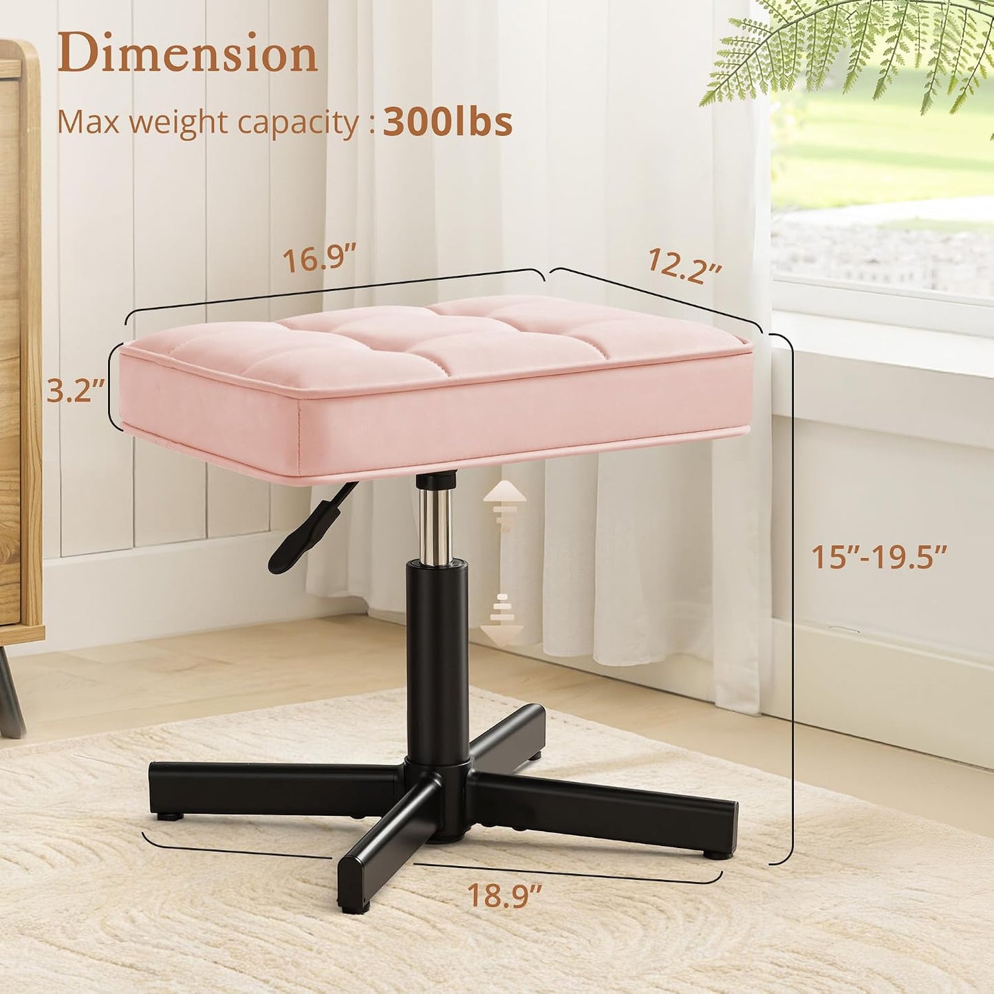 LUE BONA Adjustable Vanity Stool, Foot Rest Under Desk, 360° Swivel Vanity Chair for Makeup Room, Black Upholstered Faux Leather Ottoman for Bathroom & Living Room, 300lbs