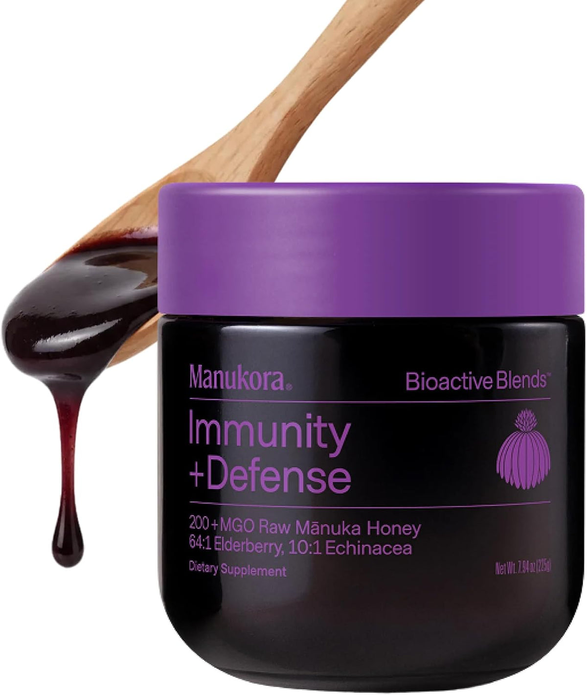 Manukora Immunity + Defense, Elderberry & Echinacea, Raw Manuka Honey, 225g