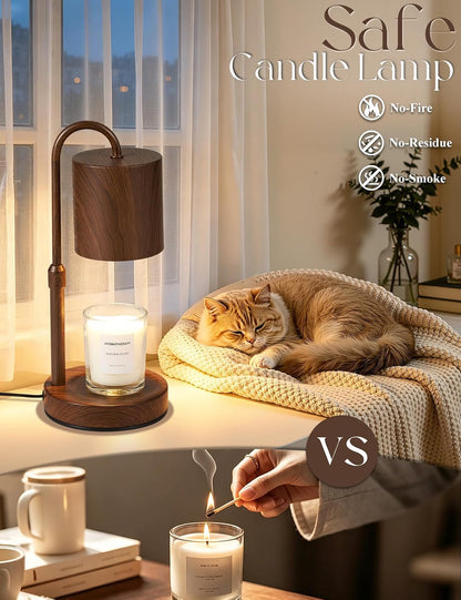 Briever Dimmable Candle Warmer Lamp with Timer, Height Adjustable Electric Candle Wax Warmer, Christmas Birthday Gifts for Women Mom, House Warming Gifts New Home Room Decor, Walnut Solid Wood Base