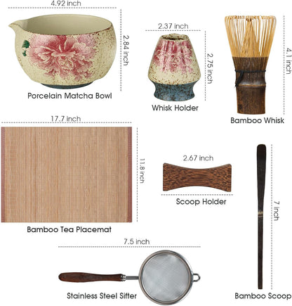 Matcha Whisk Set, 7-Piece Matcha Kit with Ceramic Bowl, Bamboo Whisk, Scoop, Sifter, Holder & Bamboo Mat – Premium Matcha Tea Set for Beginners & Matcha Lovers