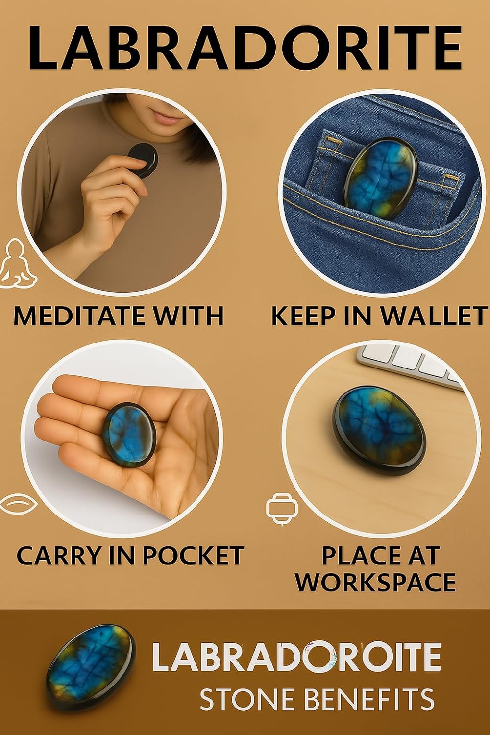 Natural Polished Thumb Palm Crystal for Meditation, Labradorite Worry Stone for Stress Relief, Anxiety Support & Pocket Reiki Healing