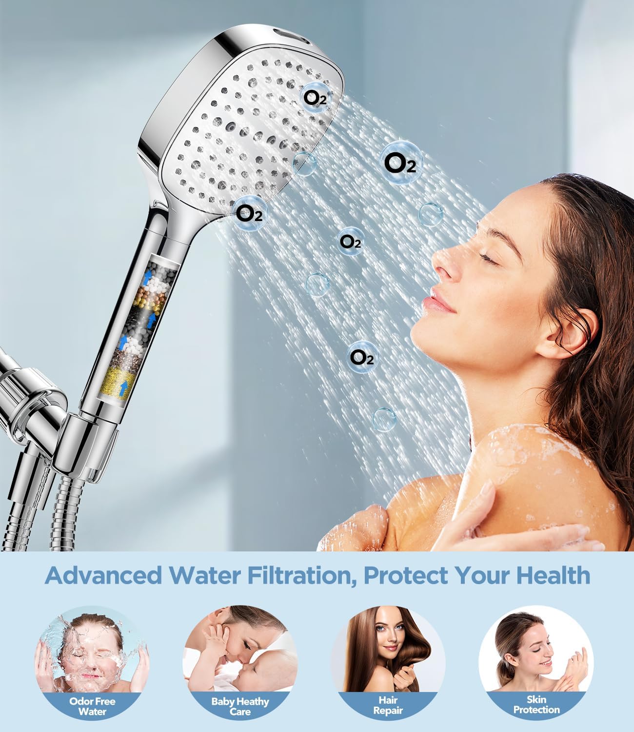 MakeFit Filtered Shower Head Black - 6 Modes High Pressure Handheld Shower Head with Filter Mineral Beads, Detachable Handheld Showerhead Set with Stainless Steel Hose and Shower Arm Bracket