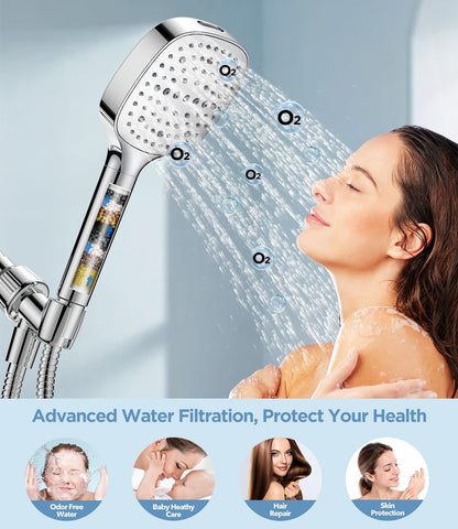 MakeFit Filtered Shower Head Black - 6 Modes High Pressure Handheld Shower Head with Filter Mineral Beads, Detachable Handheld Showerhead Set with Stainless Steel Hose and Shower Arm Bracket