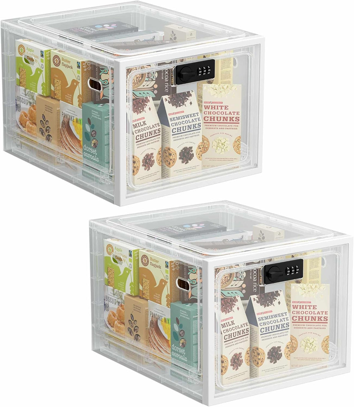2 Pack Large Medication Lock Box with Code, Clear Lockable Storage Box for Refrigerator, Cabinet & Dorm, Stackable Medicine Box for Prescriptions, Snacks, Phone, 11.9" x 9.3" x 7.6", Black