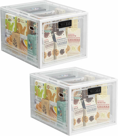 2 Pack Large Medication Lock Box with Code, Clear Lockable Storage Box for Refrigerator, Cabinet & Dorm, Stackable Medicine Box for Prescriptions, Snacks, Phone, 11.9" x 9.3" x 7.6", Black