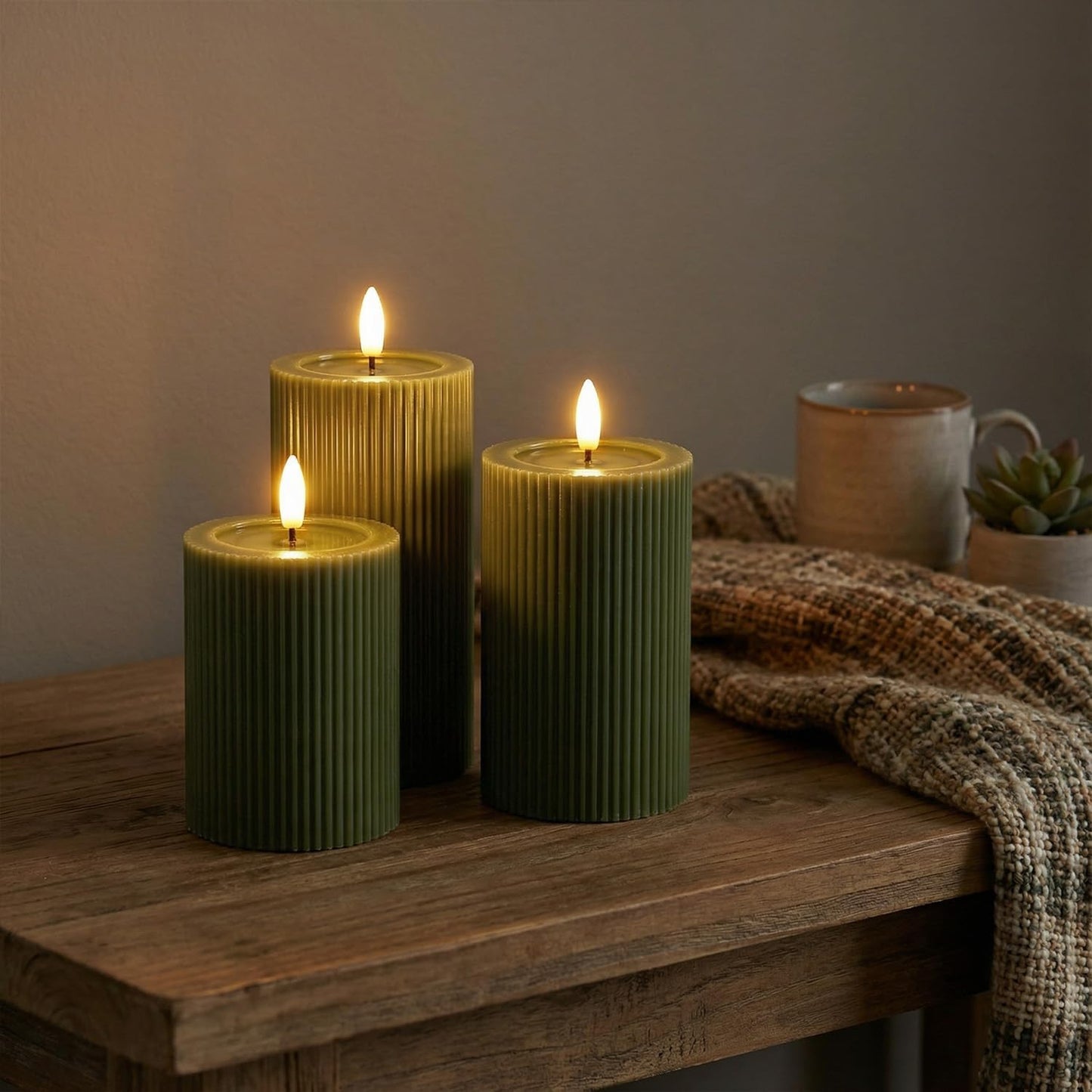 Ribbed Fluted Real Wax Flameless LED Pillar Candles, Loden Sage Olive Green, Melted-Wax Top Look, Flickering Flame, Battery Operated, Remote & Timer, Shelf & Wedding Decor (Set of 3)