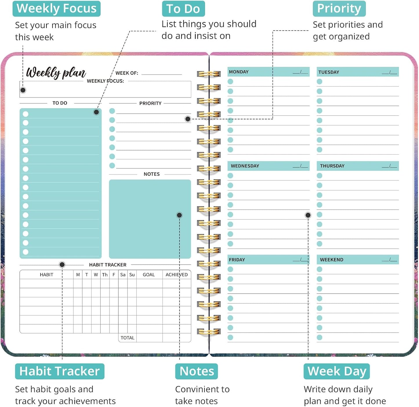 Taja Undated Weekly Planner, Weekly To Do List Notebook with Goal & Habit Tracker Organizer, A5 Weekly Planner Notebook with Spiral Binding, 6.1" x 8.2" - Green