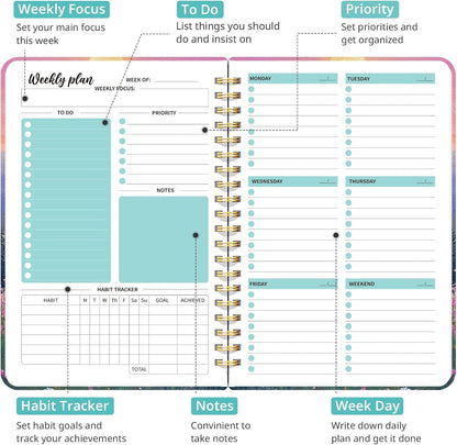 Taja Undated Weekly Planner, Weekly To Do List Notebook with Goal & Habit Tracker Organizer, A5 Weekly Planner Notebook with Spiral Binding, 6.1" x 8.2" - Green