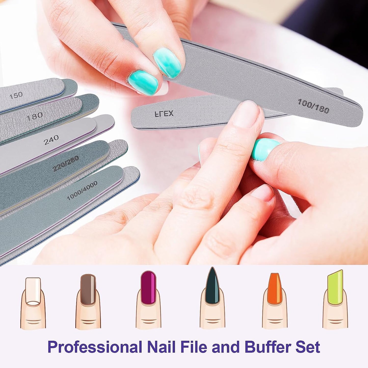 Nail File and Buffer Set, 6 Pcs Professional Nail File Kit for Acrylic and Natural Nails, 100/150/180/220/240/280/1000/4000 Grit Soft Nail Filer Gel Nail Files & buffers Filing Emery Board Home Salon