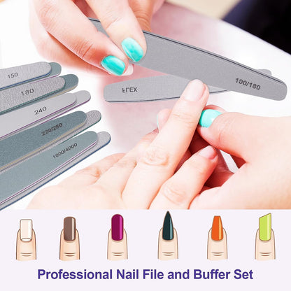 Nail File and Buffer Set, 6 Pcs Professional Nail File Kit for Acrylic and Natural Nails, 100/150/180/220/240/280/1000/4000 Grit Soft Nail Filer Gel Nail Files & buffers Filing Emery Board Home Salon