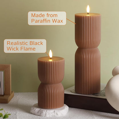 White Ribbed Flameless Pillar Candles with Remote, Real Wax Flickering Battery LED Candles Set of 2