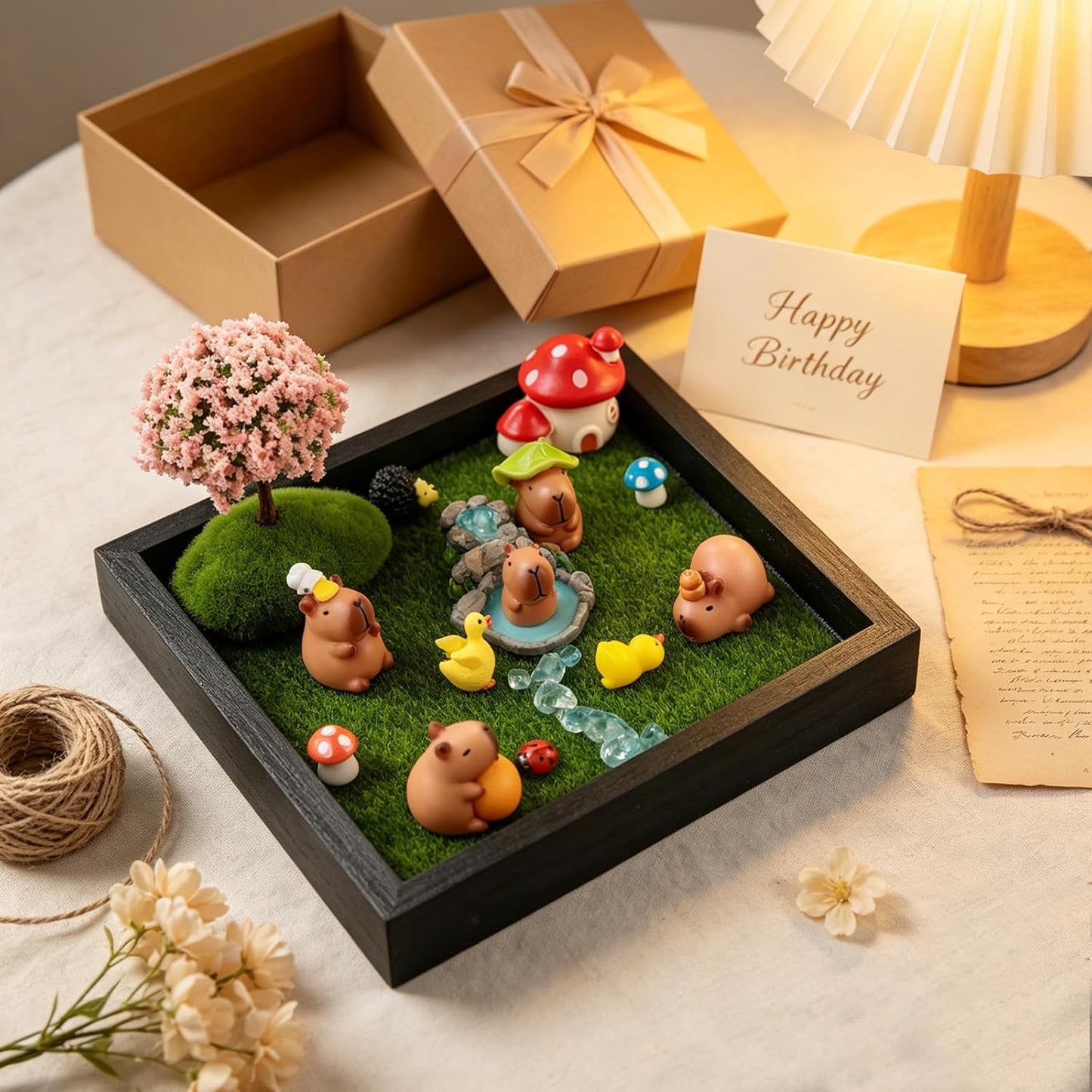Dreamgirnh 18Pcs Capybara Fairy Zen Mini Garden Kit, 7In Wood Tray Desk Decor
