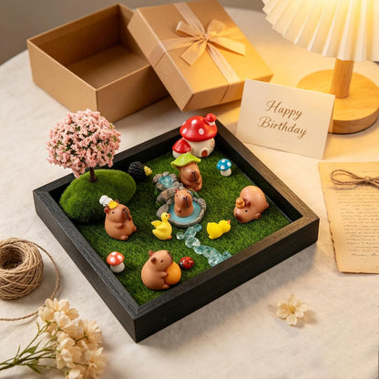 Dreamgirnh 18Pcs Capybara Fairy Zen Mini Garden Kit, 7In Wood Tray Desk Decor