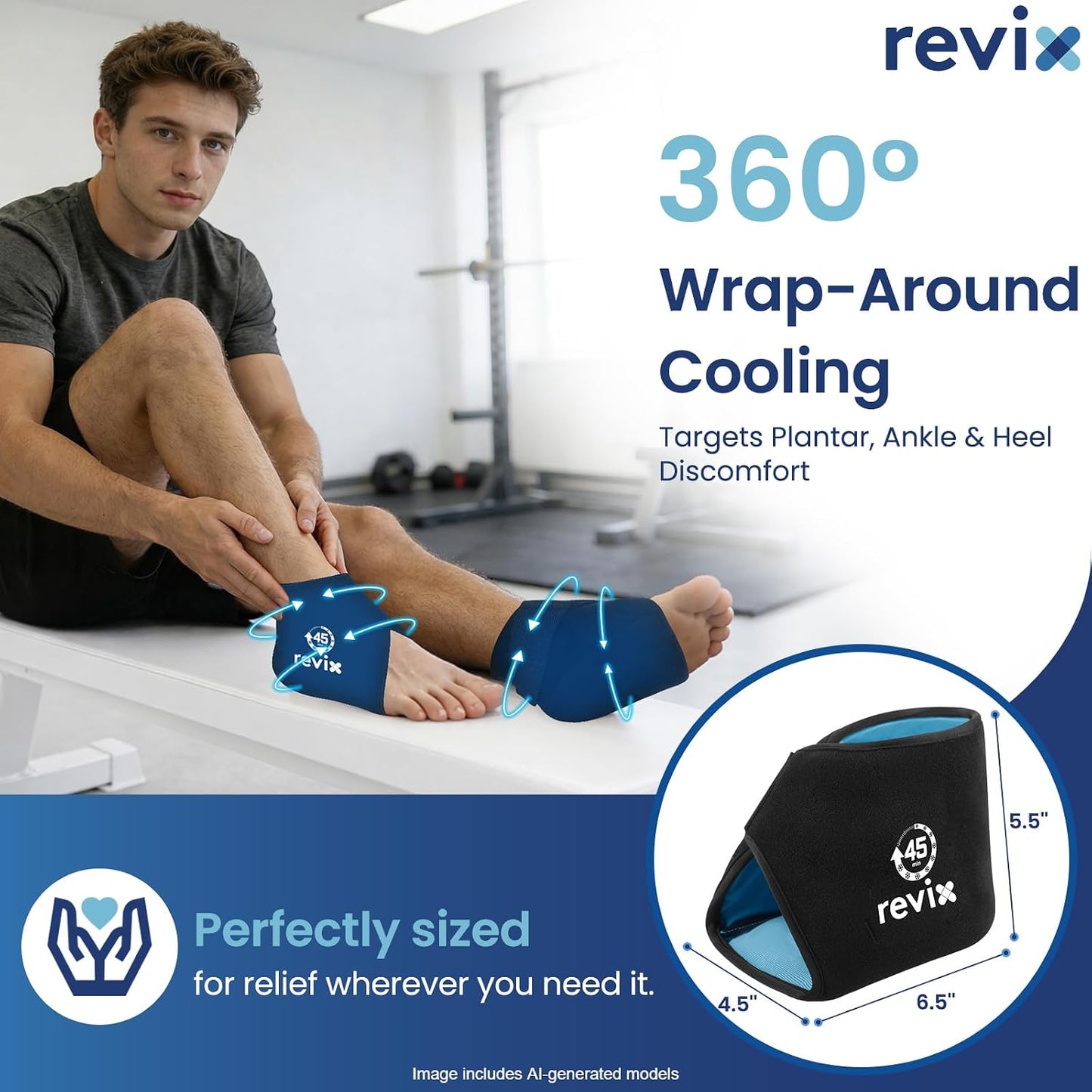 REVIX Ankle Ice Pack Wrap for Plantar Fasciitis with 45-Min Long Lasting Cold, Reusable Foot Ice Pack with Ice Grid Design, Cold Compress Therapy for Achilles Tendonitis, Swelling & Sprained Ankle