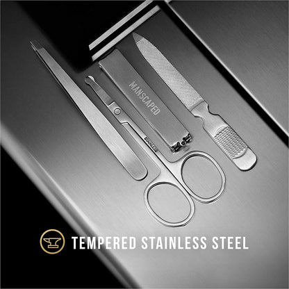 MANSCAPED® Shears 3.0, 5-Piece Precision Men’s Nail Grooming Travel Kit, Stainless Steel Manicure Set with Fingernail & Toenail Clippers, Nail File, Slant Tip Tweezers, Cuticle Scissors, Travel Case