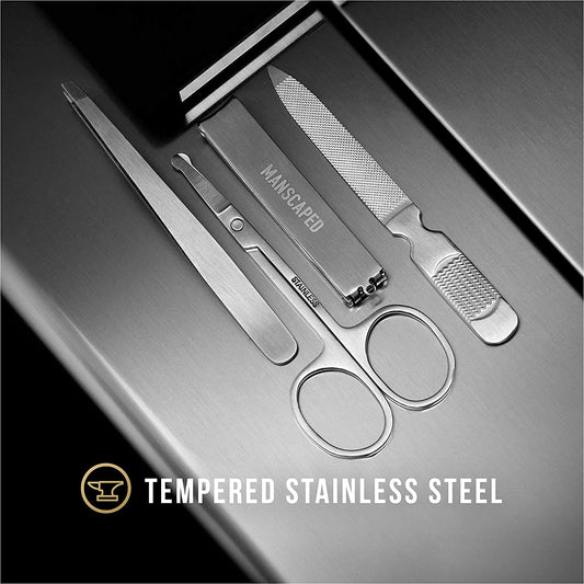 MANSCAPED® Shears 3.0, 5-Piece Precision Men’s Nail Grooming Travel Kit, Stainless Steel Manicure Set with Fingernail & Toenail Clippers, Nail File, Slant Tip Tweezers, Cuticle Scissors, Travel Case