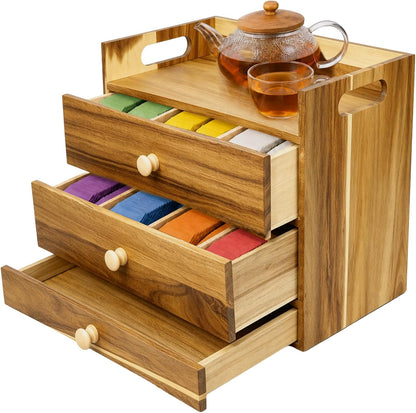 Acacia Wood Tea Bag Organizer, 3-Tier Tea Organizers with 14 Compartments
