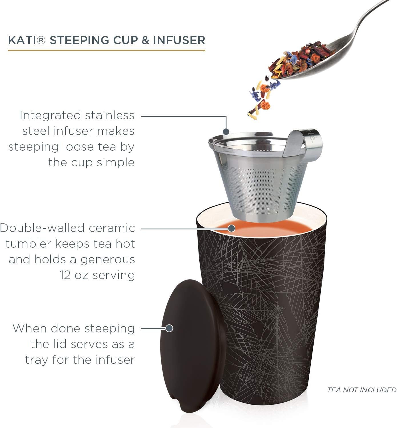 Tea Forte Double-Walled Ceramic Kati Cup, Removable Stainless Steel Infuser Basket and Lid, Steeps 12 oz Loose Leaf Tea, Dishwasher & Microwave Safe, Cherry Blossom