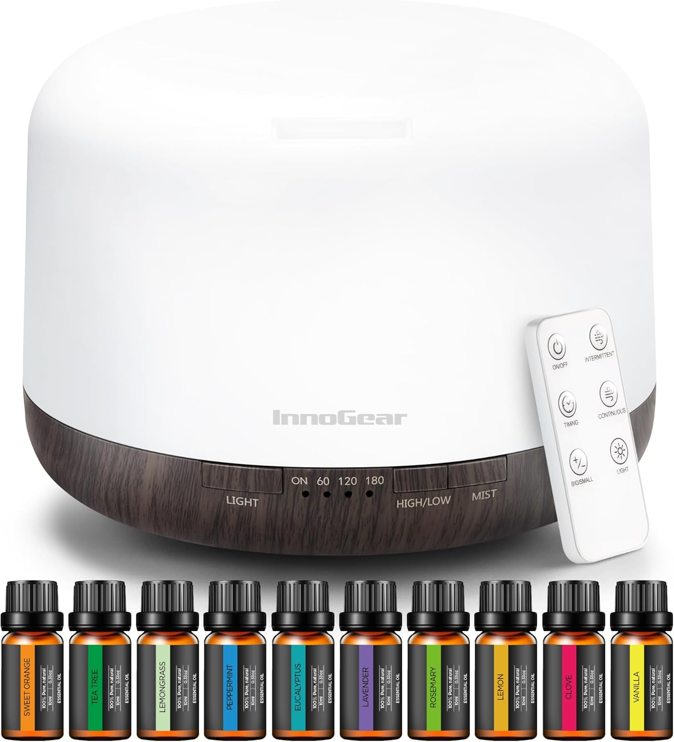 InnoGear Aromatherapy Diffuser & 10 Essential Oils Set, 500ml Essential Oil Diffuser with Remote Control Mother's Gift Ultrasonic Cool Mist Scent Humidifier Vaporizer Auto-Off Timer for Home, Yellow