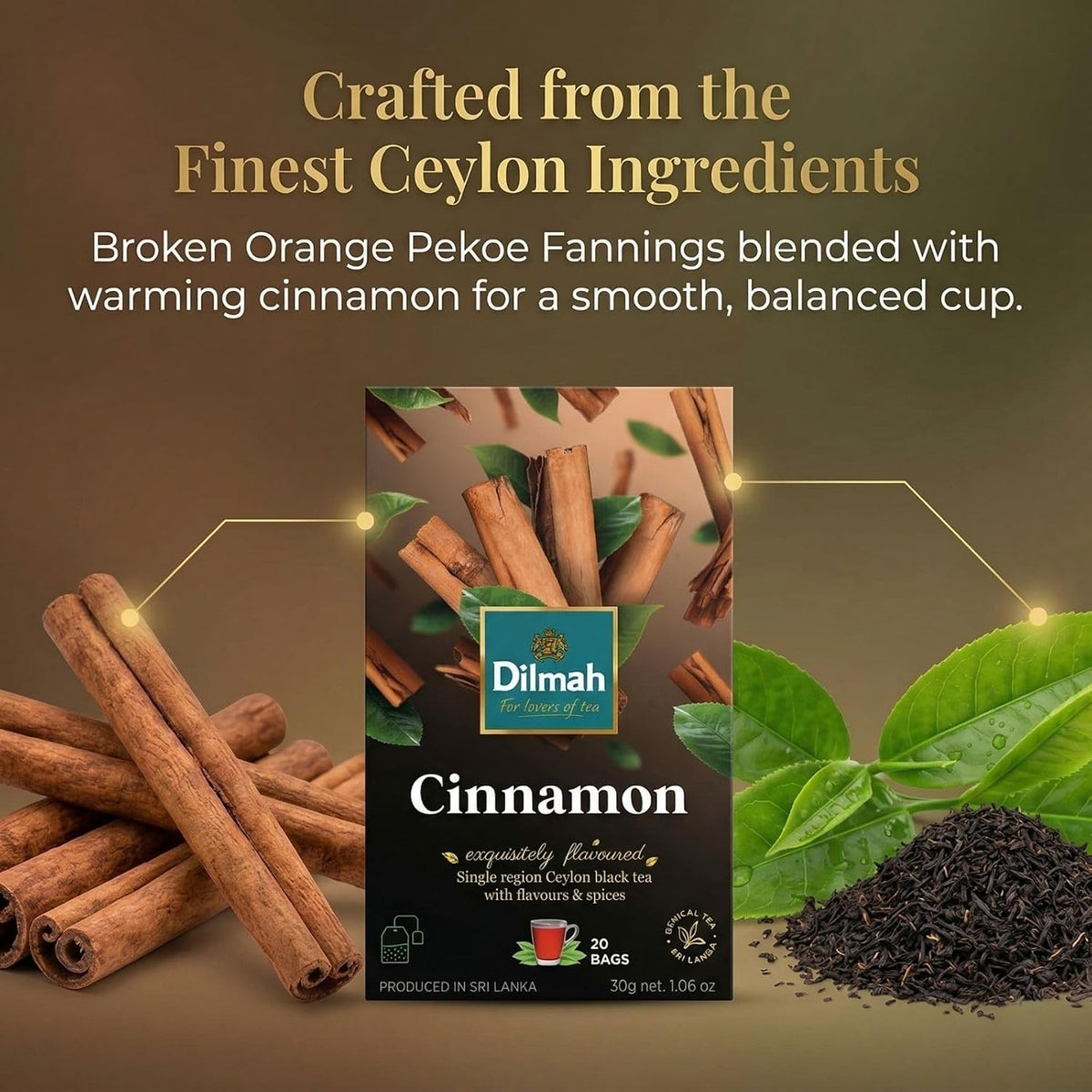 Dilmah Cinnamon Black Tea – 20 Tea Bags | Fun Flavored Ceylon Tea, Warm Spiced Aroma, Medium Caffeine, Ceylon cinnamon tea bags