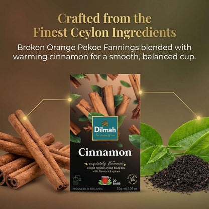 Dilmah Cinnamon Black Tea – 20 Tea Bags | Fun Flavored Ceylon Tea, Warm Spiced Aroma, Medium Caffeine, Ceylon cinnamon tea bags